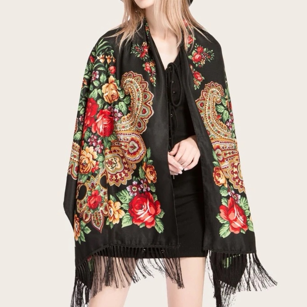 Boho floral print fringe detail scarf